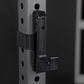 Black metal half rack attachment with lever arm and adjustment pins mounted on vertical post with holes