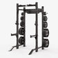 Black Hammer Strength HD Athletic NX half rack with weight plates mounted on both sides, open frame design on white backgroun