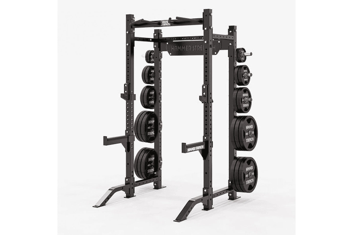 Black Hammer Strength HD Athletic NX half rack with weight plates mounted on both sides, open frame design on white backgroun