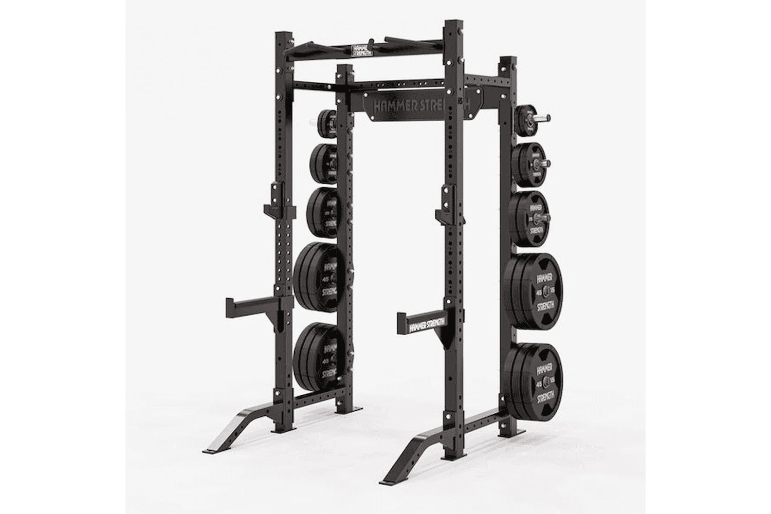 Black Hammer Strength HD Athletic NX half rack with weight plates mounted on both sides, open frame design on white backgroun
