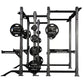 Hammer Strength HD Athletic NX Power Half Combo Rack with black weight plates loaded on multiple bars, gray steel frame on wh