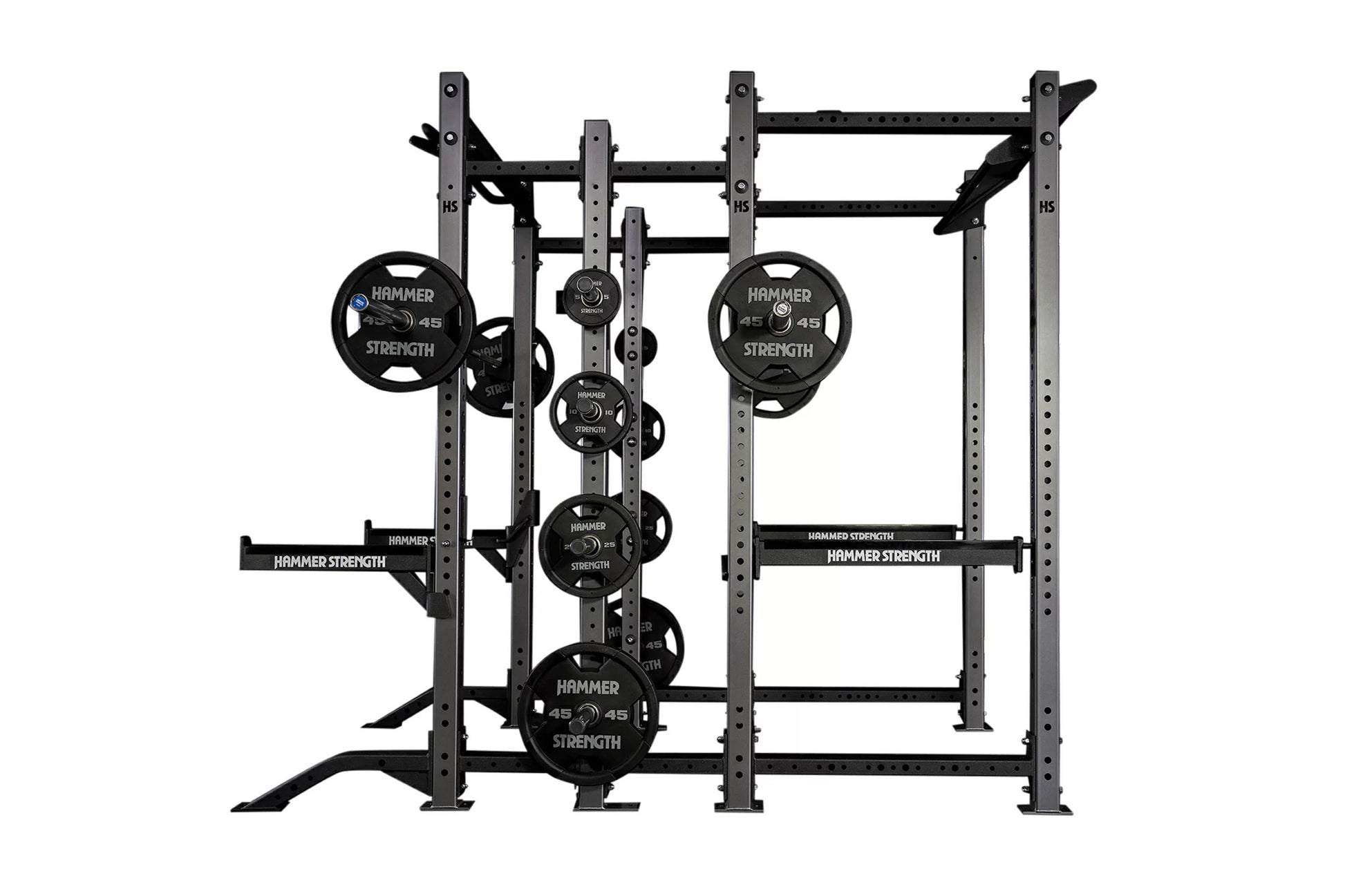 Hammer Strength HD Athletic NX Power Half Combo Rack with black weight plates loaded on multiple bars, gray steel frame on wh