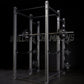 Black steel power rack with perforated uprights, multiple horizontal bars, loaded barbells on pegs, on dark background