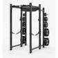 Black Hammer Strength power rack with weight plate storage pegs on right side, holding loaded barrels, on white background