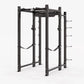 Black steel Hammer Strength power rack with multiple perforated uprights, safety bars, and weight plate pegs on white backgro