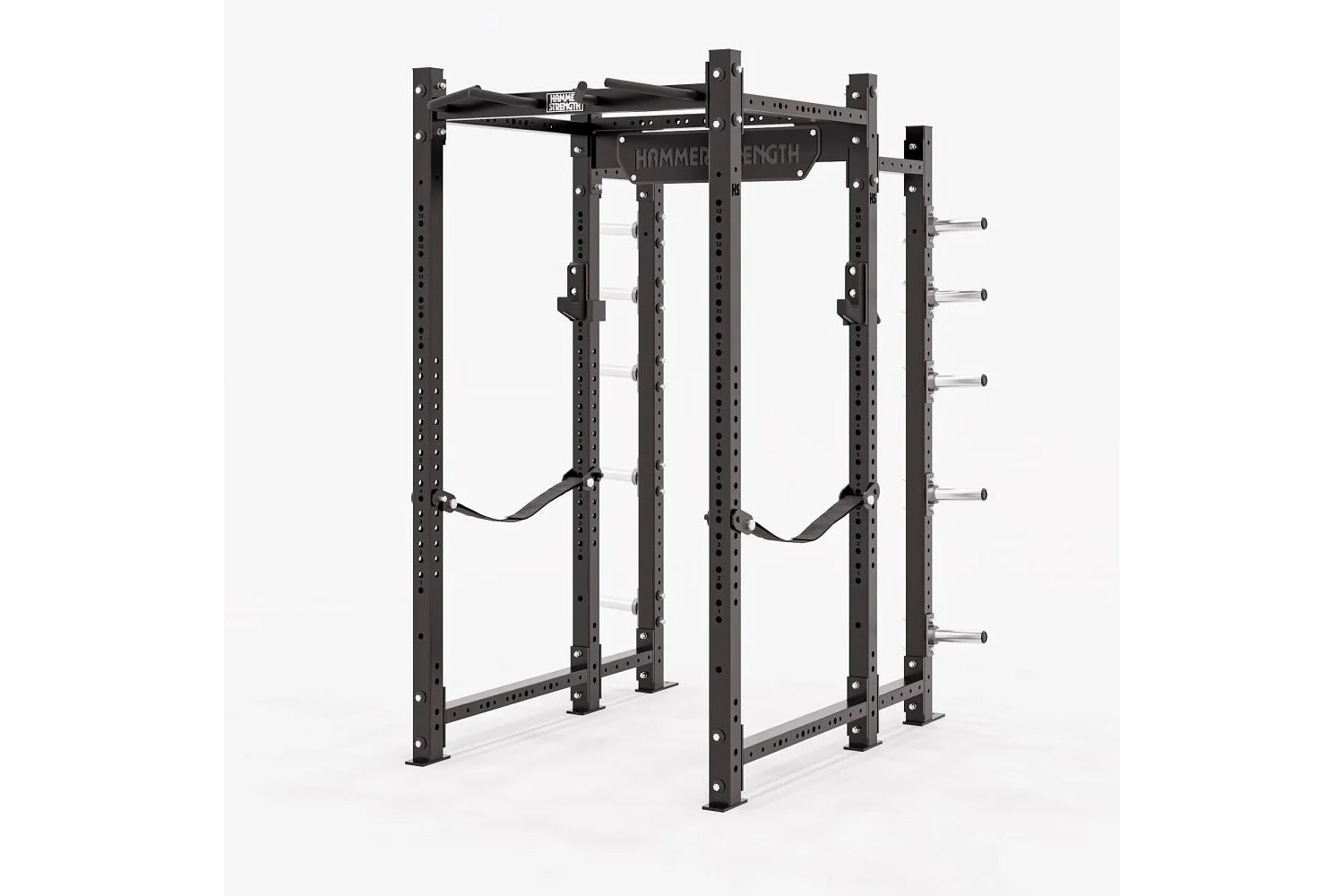 Black steel Hammer Strength power rack with multiple perforated uprights, safety bars, and weight plate pegs on white backgro