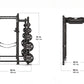 Black Hammer Strength power rack with adjustable bar pegs and weight plate storage, shown with dimension specifications on wh