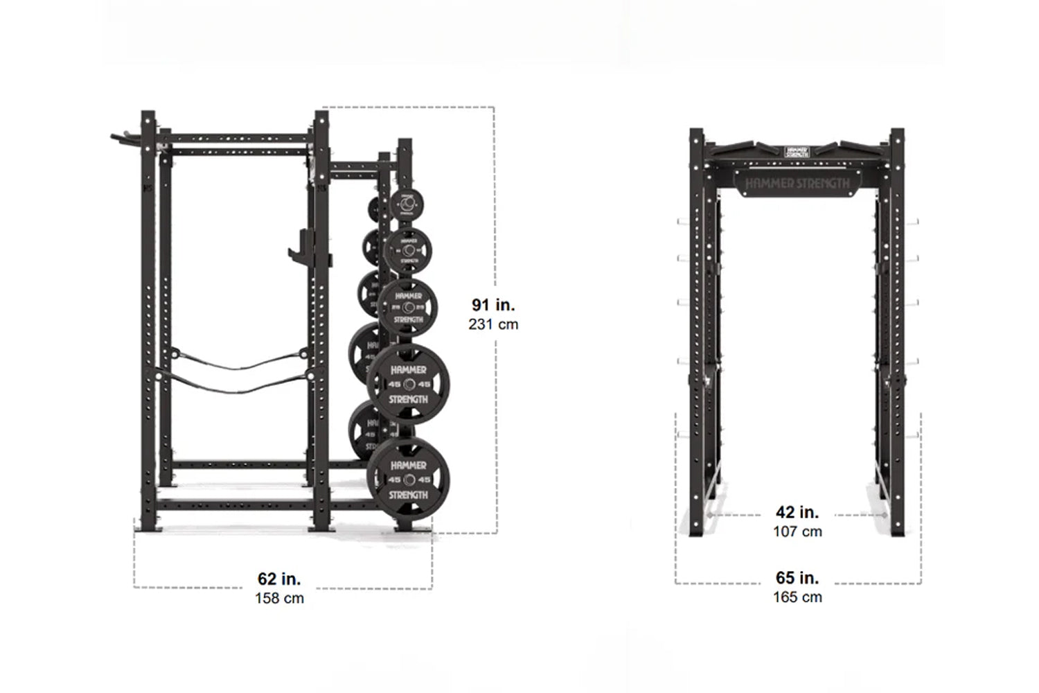 Black Hammer Strength power rack with adjustable bar pegs and weight plate storage, shown with dimension specifications on wh