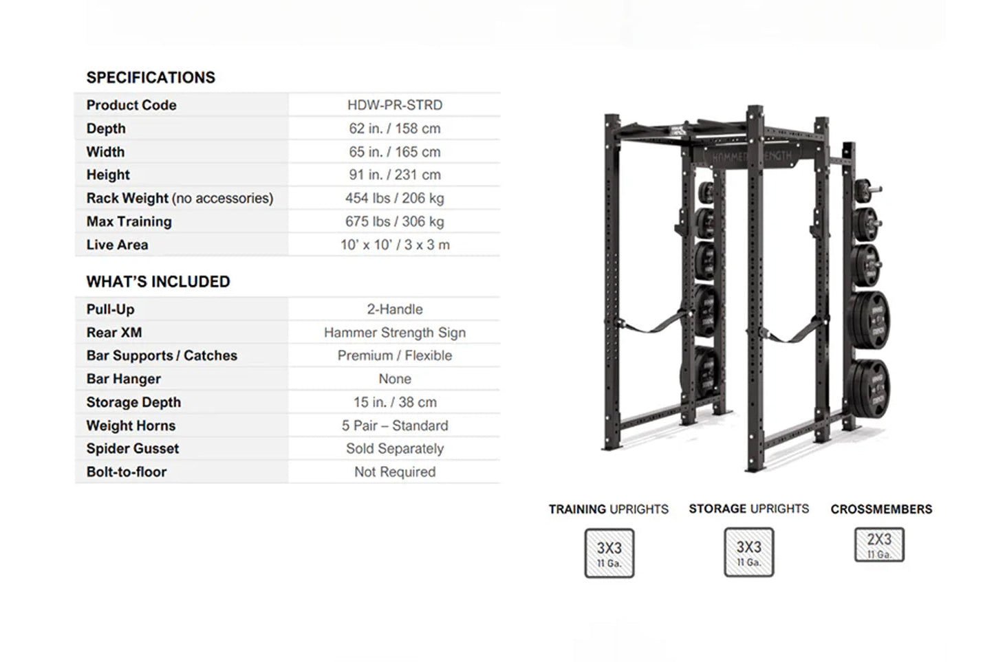 Black Hammer Strength power rack with weight storage pegs on right side, viewed from front angle, specifications and included