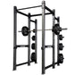 Black metal power rack with adjustable squat and bench stations, loaded with black weight plates, on white background