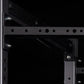 Black metal squat stand with perforated uprights, horizontal safety bars, and chrome bolts, shown on dark background