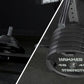 Hammer Strength 45-pound black barbell plates on squat stand with chrome bar, close-up detail view
