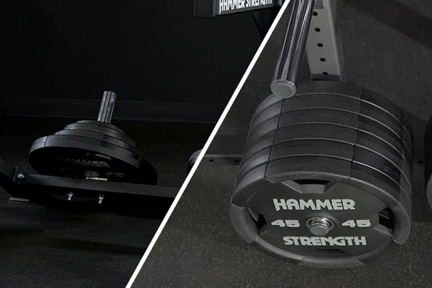 Hammer Strength 45-pound black barbell plates on squat stand with chrome bar, close-up detail view