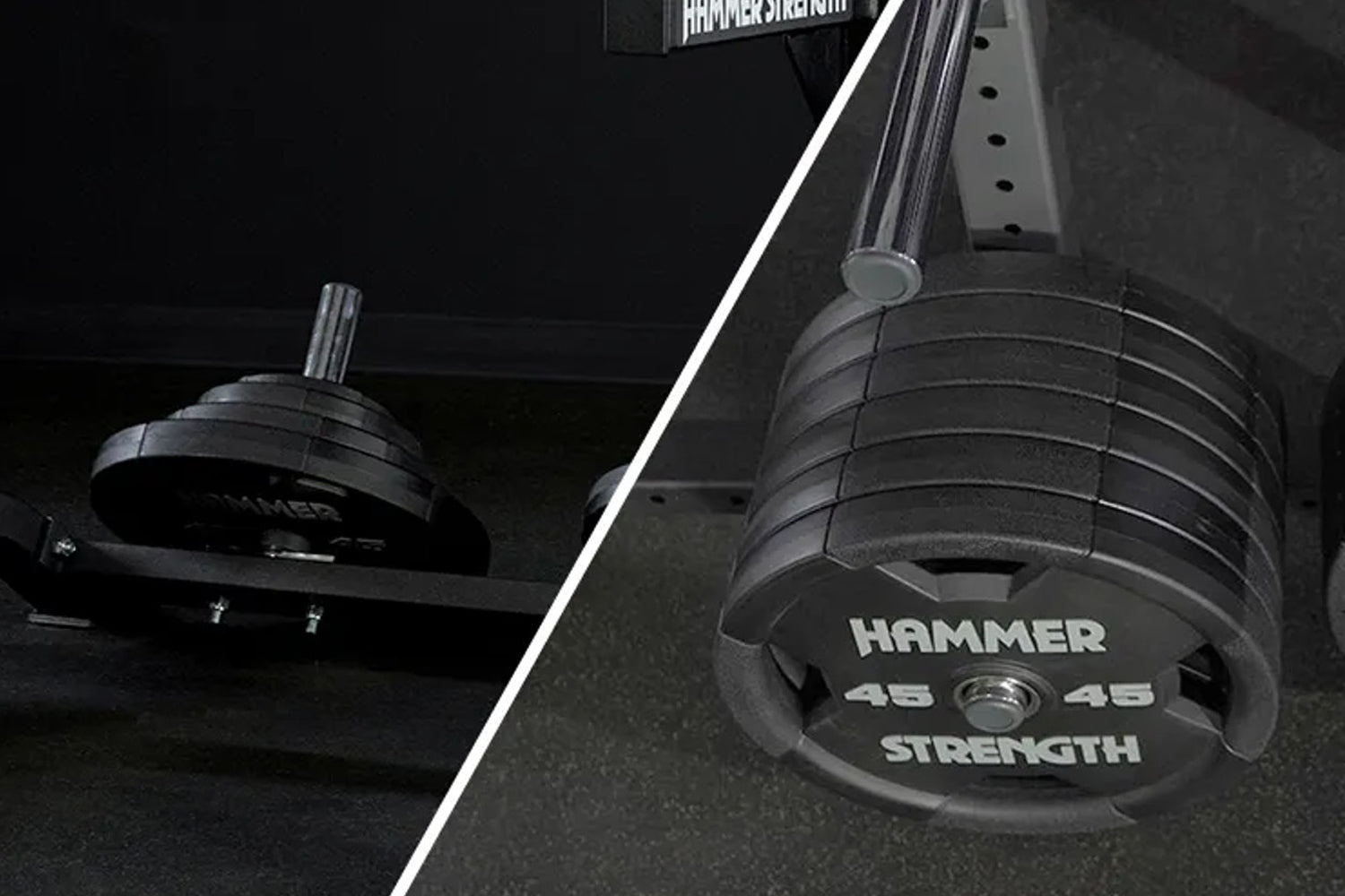 Hammer Strength 45-pound black barbell plates on squat stand with chrome bar, close-up detail view