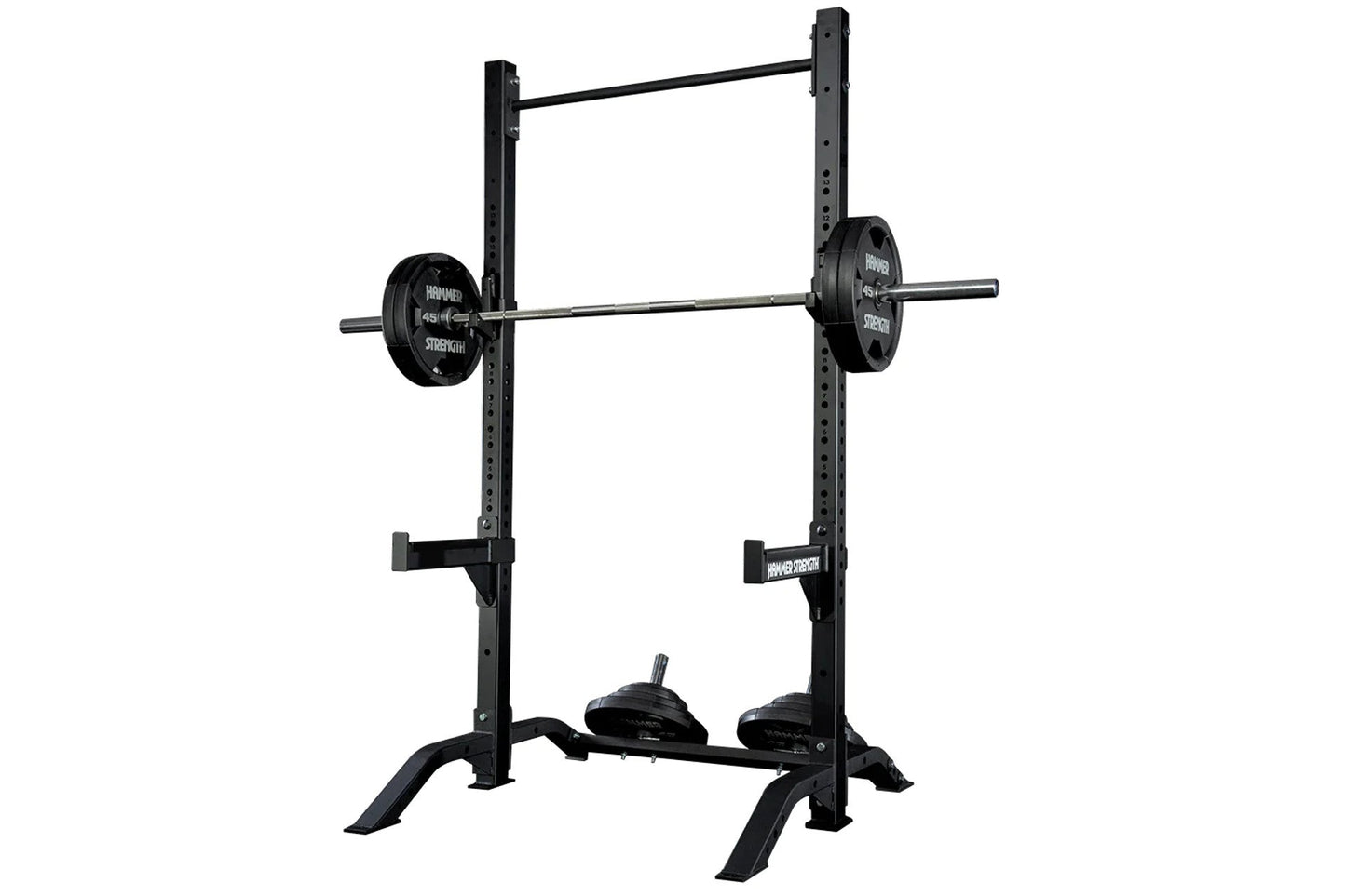 Black Hammer Strength squat stand with vertical posts, horizontal bar, weight plates labeled 45 lbs, and adjustable safety ar