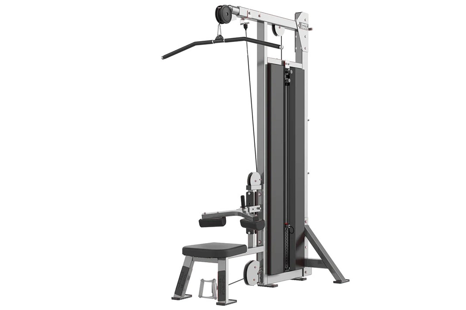 Hammer Strength HD Elite Dual Pulldown Row machine with silver frame, black padded seat and handles on white background