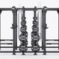 Black Hammer Strength HD Elite ID combo rack with perforated uprights, weight plate storage, and hanging chains on white back