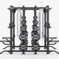 Hammer Strength HD Elite ID Combo Rack with black frame, weight plates, and silver chains on white background