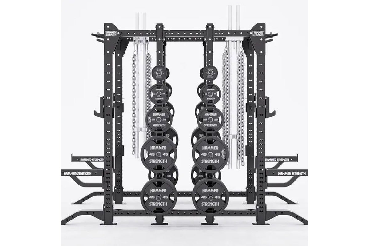 Hammer Strength HD Elite ID Combo Rack with black frame, weight plates, and silver chains on white background