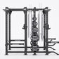 Black Hammer Strength HD Elite ID combo rack with weight plates, chains, and barbells on white background