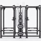 Hammer Strength HD Elite ID Combo Rack with black metal frame, weight plates, and chains on white background