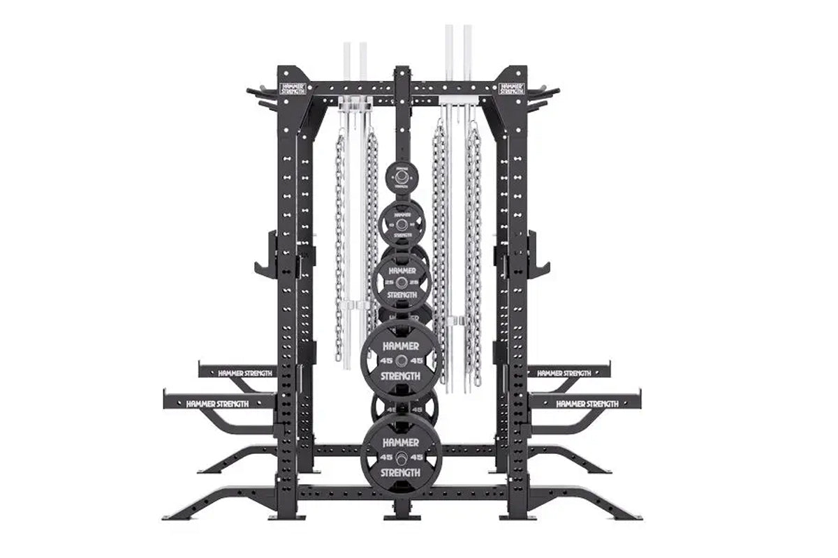 Hammer Strength HD Elite ID Combo Rack with black steel frame, weight plates, and silver chains on white background