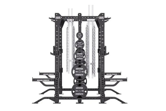 Hammer Strength HD Elite ID Combo Rack with black steel frame, weight plates, and silver chains on white background