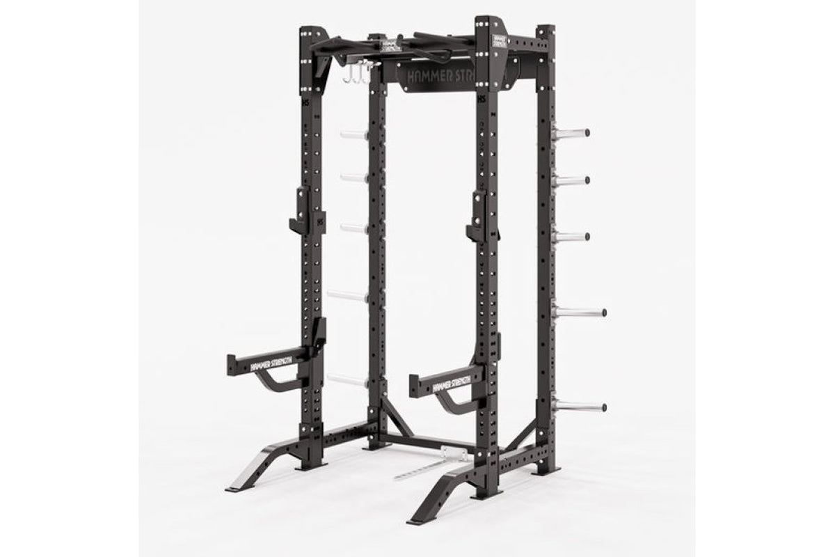 Black Hammer Strength HD Elite ID half rack with adjustable pegs and pull-up bars on white background