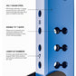 Blue 7-gauge steel weight rack with double "O" slot holes and laser-cut position numbers, detailed feature callouts on white 