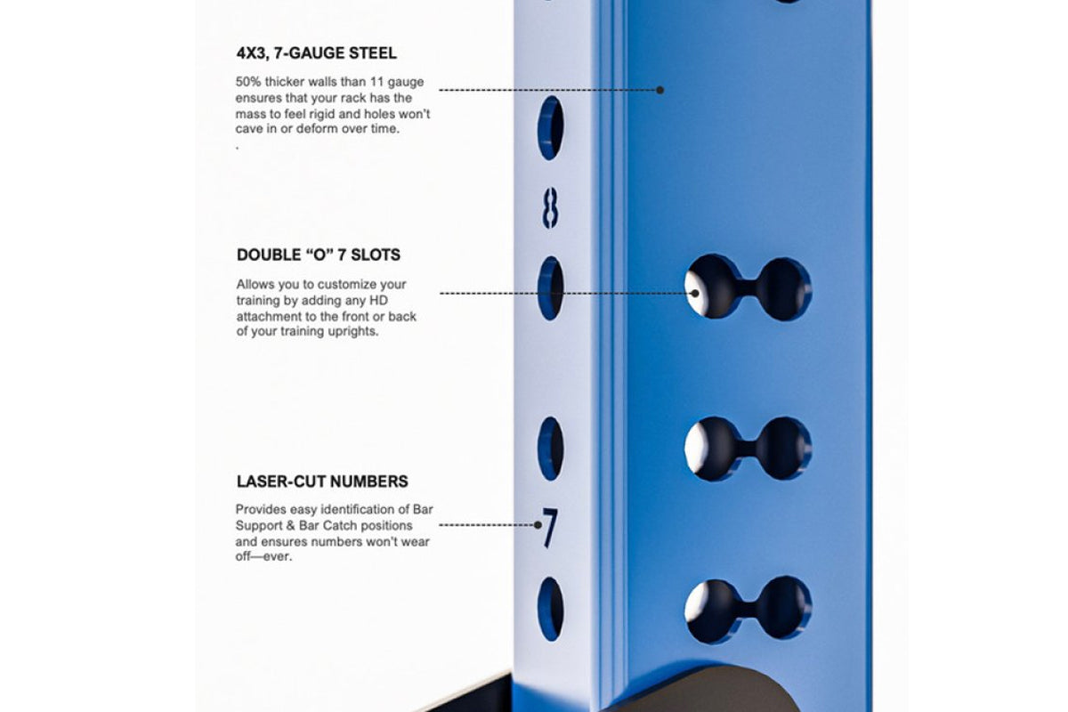 Blue 7-gauge steel weight rack with double "O" slot holes and laser-cut position numbers, detailed feature callouts on white 