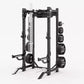 Black Hammer Strength HD Elite ID half rack with adjustable weight plate storage, chain attachment, and barbell on white back
