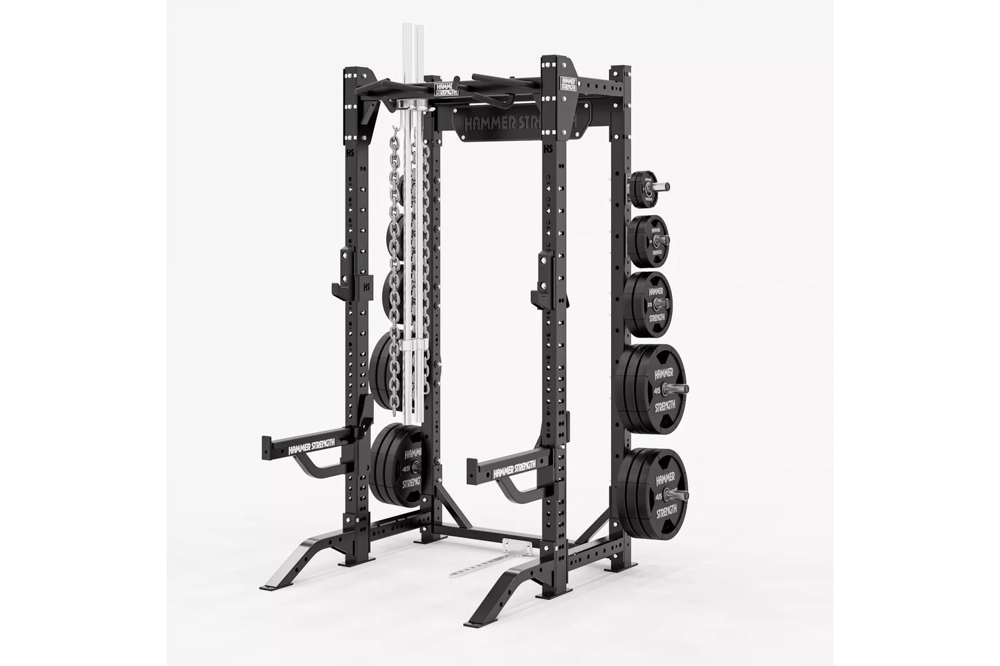 Black Hammer Strength HD Elite ID half rack with adjustable weight plate storage, chain attachment, and barbell on white back
