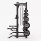 Black Hammer Strength HD Elite ID Half Rack with weight plate storage pegs, chains, and multiple 45lb plates on white backgro