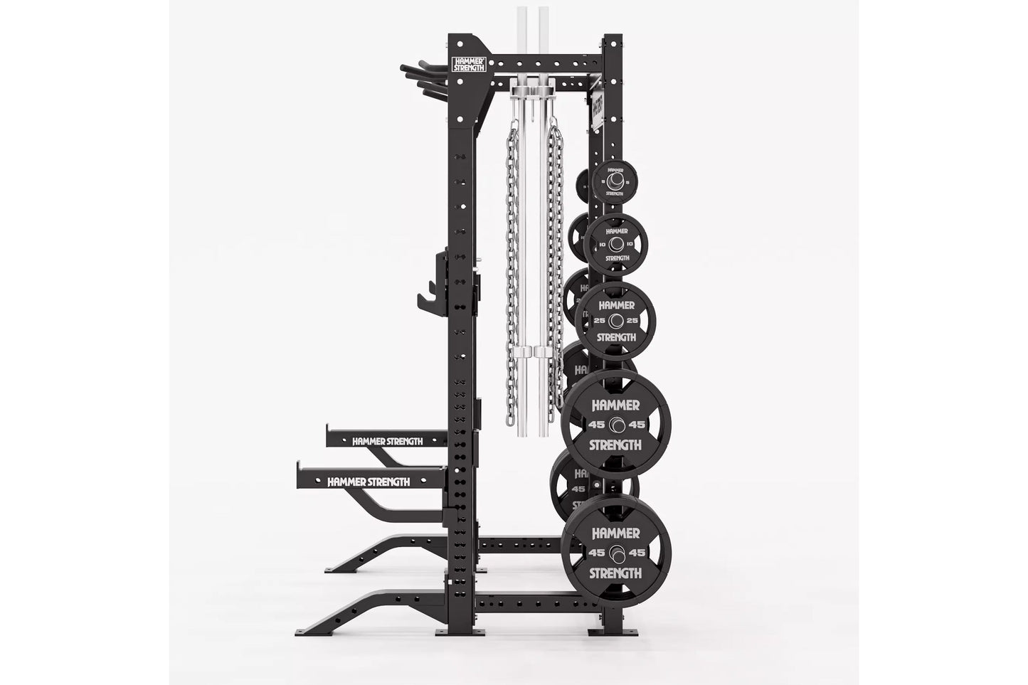 Black Hammer Strength HD Elite ID Half Rack with weight plate storage pegs, chains, and multiple 45lb plates on white backgro
