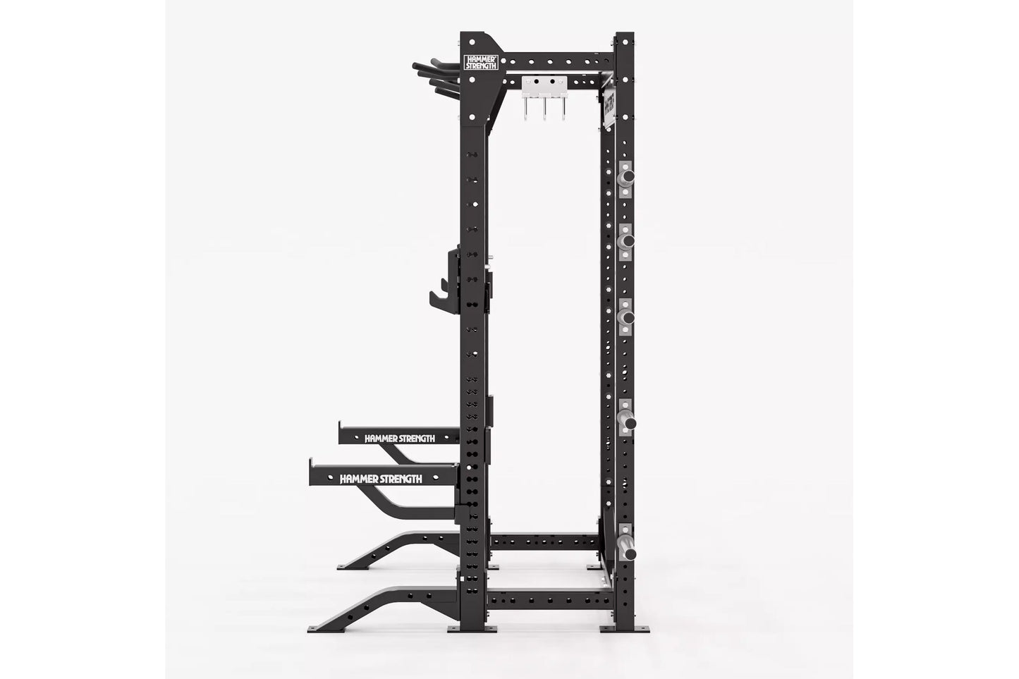 Black Hammer Strength HD Elite half rack with adjustable safety bars and lever arms, on white background