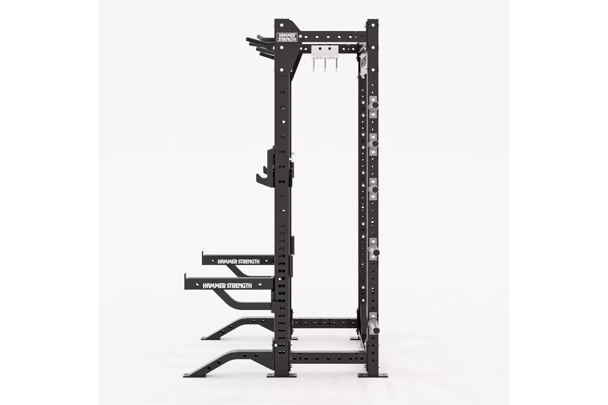 Black Hammer Strength HD Elite half rack with adjustable safety bars and lever arms, on white background