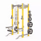Hammer Strength HD Elite ID half rack with yellow uprights, gray pull-up bar, weight plate storage, and chain attachment on w