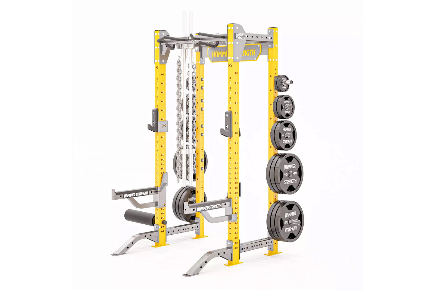 Hammer Strength HD Elite ID half rack with yellow uprights, gray pull-up bar, weight plate storage, and chain attachment on w