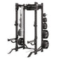 Black Hammer Strength HD Elite ID half rack with perforated steel frame, loaded barbell, weight plates on right side, and saf