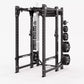Black power rack with perforated uprights, adjustable safety bars, cable machine attachment on center post, and weight plate 