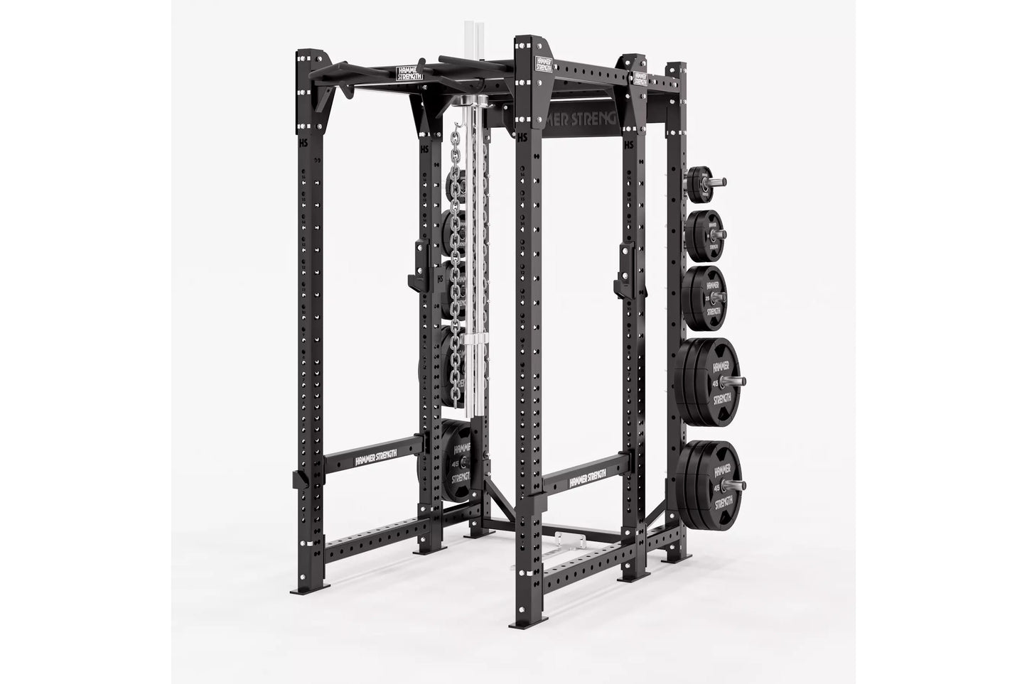 Black power rack with perforated uprights, adjustable safety bars, cable machine attachment on center post, and weight plate 