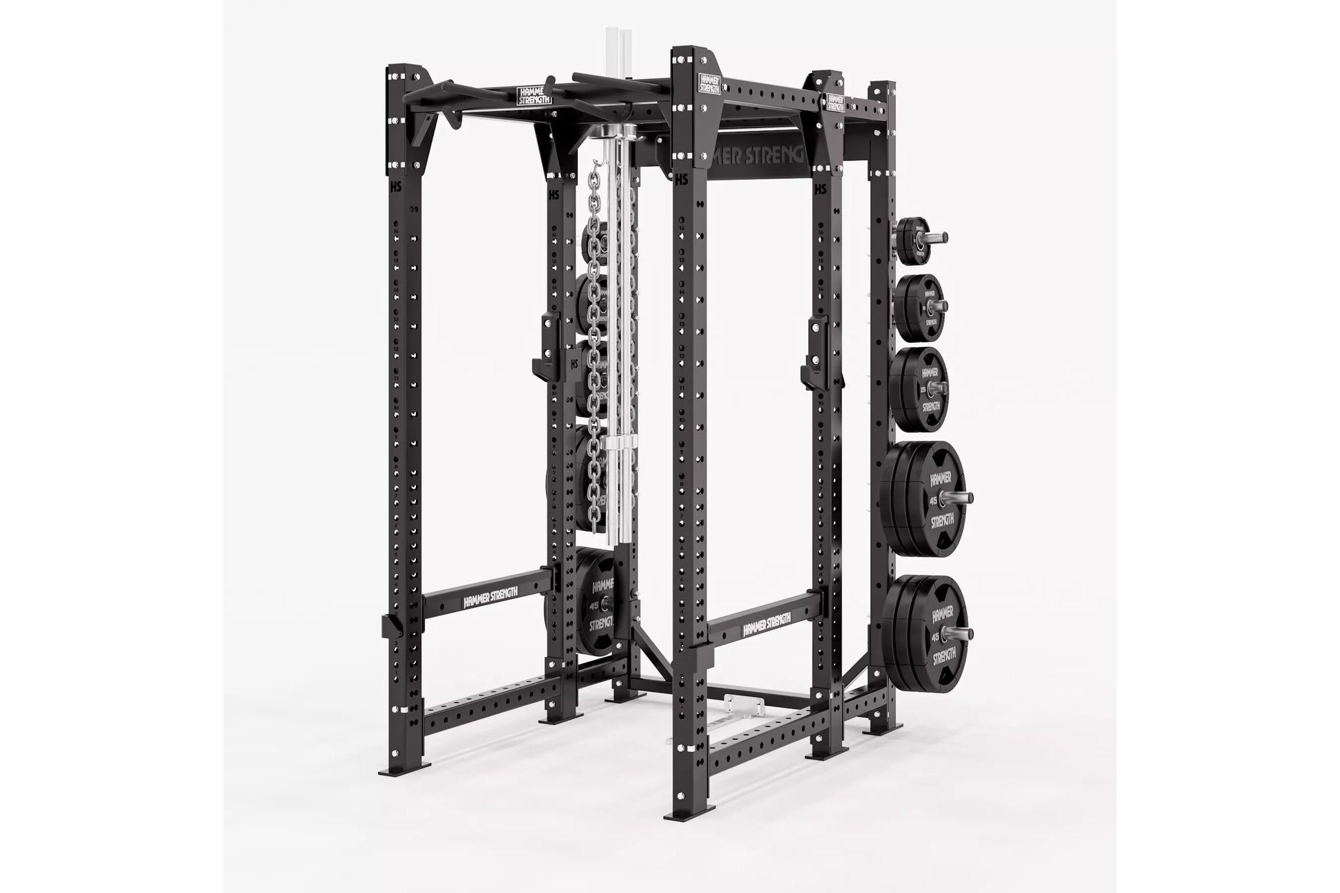 Black power rack with perforated uprights, adjustable safety bars, cable machine attachment on center post, and weight plate 