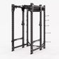 Black power rack with perforated steel uprights, safety spouts, and adjustable pegs on white background