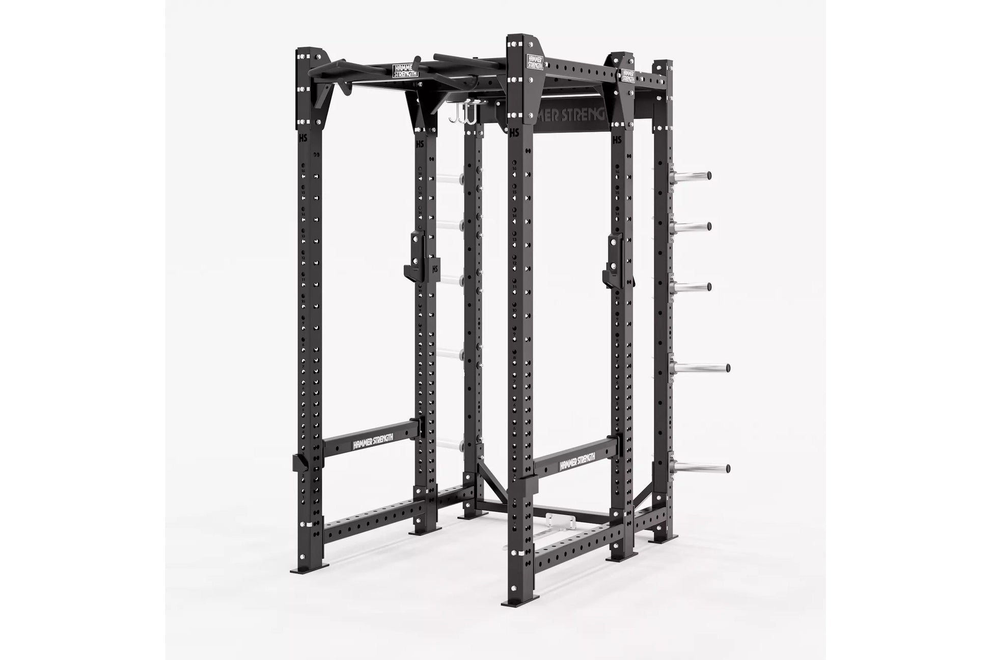 Black power rack with perforated steel uprights, safety spouts, and adjustable pegs on white background