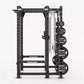 Hammer Strength HD Elite ID Power Rack with black steel frame, perforated uprights, and attached black weight plates on white