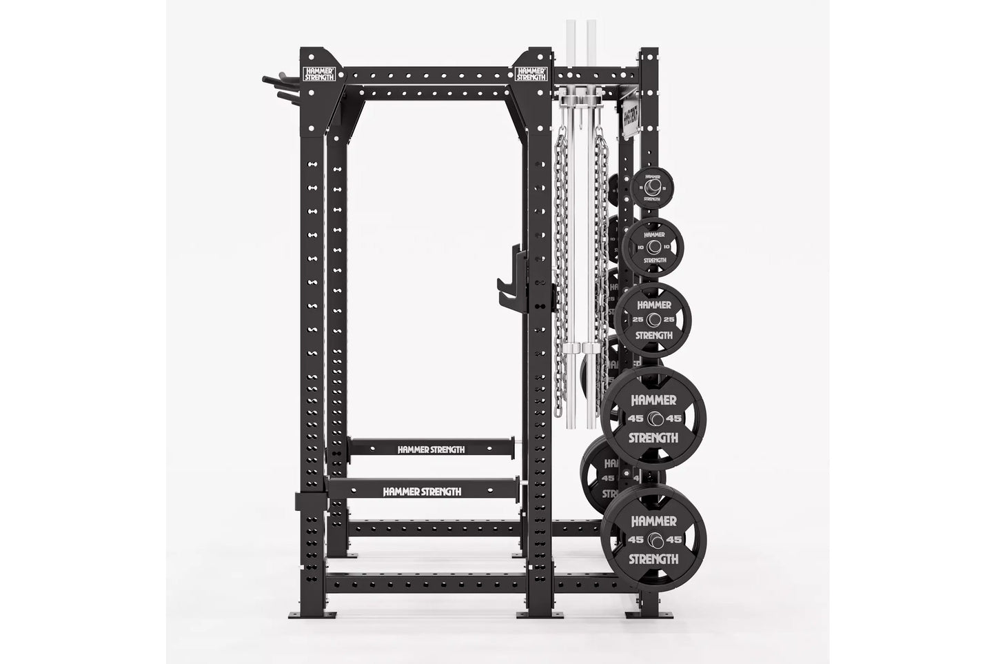 Hammer Strength HD Elite ID Power Rack with black steel frame, perforated uprights, and attached black weight plates on white