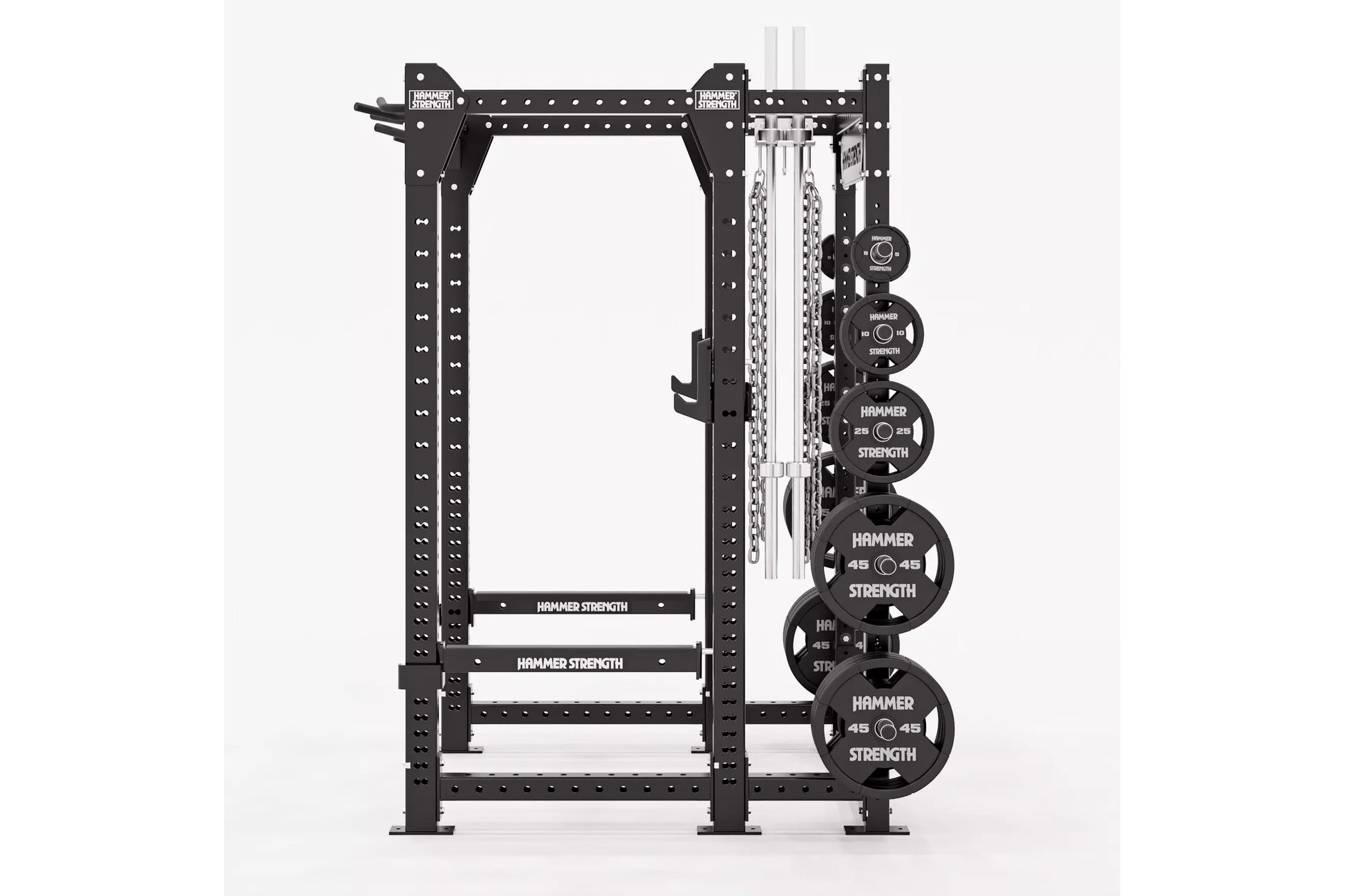 Hammer Strength HD Elite ID Power Rack with black steel frame, perforated uprights, and attached black weight plates on white