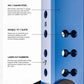 Blue 7-gauge steel weight rack with double O-slots and laser-cut numbers, shown with black attachment accessories
