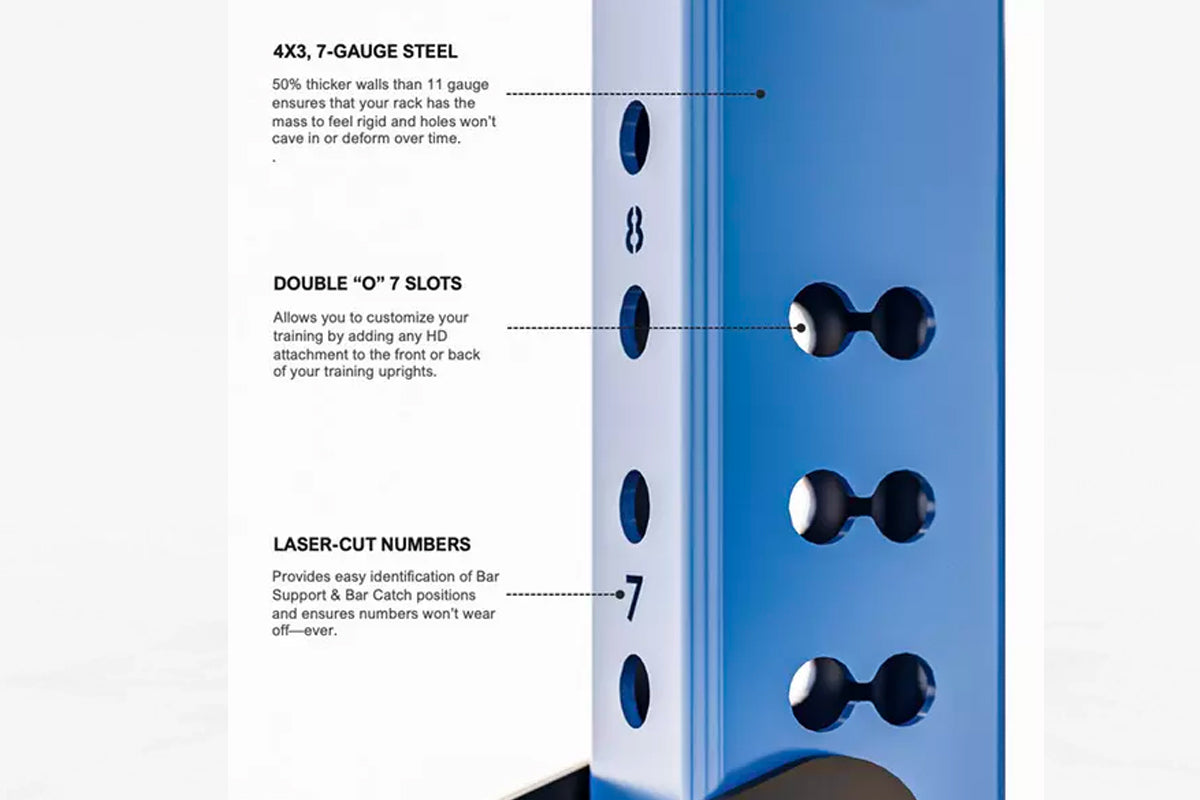 Blue 7-gauge steel weight rack with double O-slots and laser-cut numbers, shown with black attachment accessories