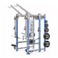 Hammer Strength HD Elite ID Power Rack with blue and gray frame, weight plates, and adjustable bar stations on white backgrou